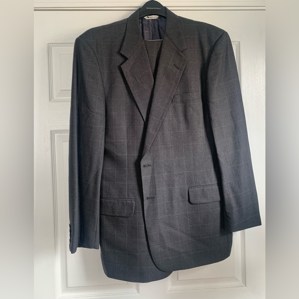 Aquascutum of London Regent 100 Gray Windowpane Wool Suit 44L Jacket 2PC USA